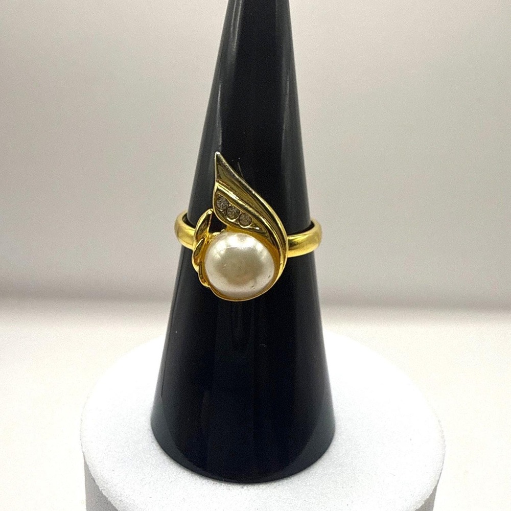 Gold Tone Faux‎ Pearl Rhinestone Adjustable Bypass Ring Modernist Style